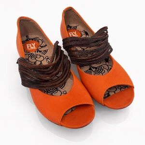 FLY LONDON Orange Leather Peep Toe Wedge Sandals